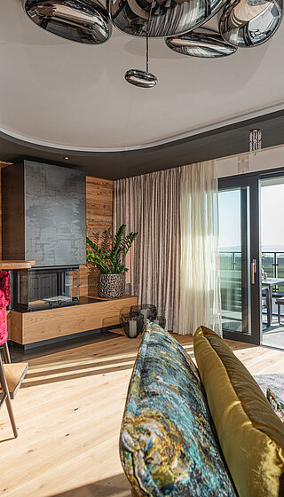 Stylish living area of the Private Spa Villa at the Hotel Winzer in Austria