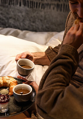 Breakfast in bed in a room at the romantic Hotel Winzer