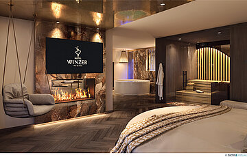 Perspektive vom kreisförmigen Bett aus auf die „Hotel Winzer“-Wellness-Suite. Links hängt ein korbartiger Schaukelsessel vor einer dramatischen Marmorwand, die einen eingebauten Kamin und einen Fernseher enthält, der den Text „HOTEL WINZER“ anzeigt. Rechts befindet sich eine private Sauna mit Glasfront, Holzbänken und einem hängenden Bademantel. Durch einen Durchgang im Hintergrund ist die freistehende Badewanne zu sehen. Dunkler Holzboden und goldene Akzente an der Decke mit Spotlights schaffen eine edle Atmosphäre.