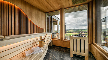 Private Sauna with Panoramic View Private sauna at Hotel Winzer with a spacious timber sauna, sauna heater and panoramic views across the surrounding countryside